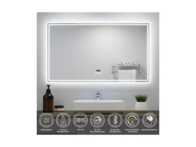 AICA Badezimmerspiegel mit LED-Beleuchtung 120x70cm Bluetooth Uhr 3 Lichtfarbe+Dimmbar Beschlagfrei Memory-Funktion