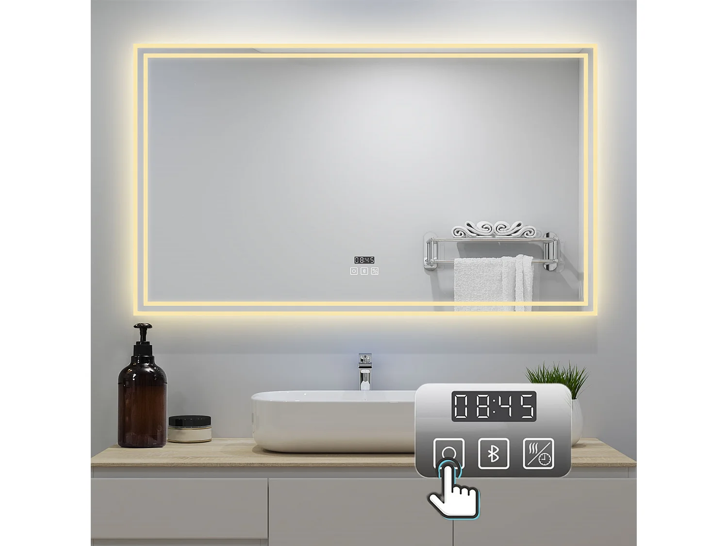 AICA Badezimmerspiegel mit LED-Beleuchtung 120x70cm Bluetooth Uhr 3 Lichtfarbe+Dimmbar Beschlagfrei Memory-Funktion