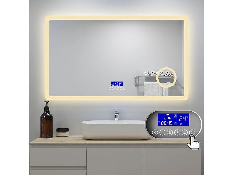 AICA Badspiegel mit LED-Beleuchtung 140x80cm Bluetooth Uhr Kosmetikspiegel Beschlagfrei 3 Lichtfarbe+Dimmbar Memory-Funktion