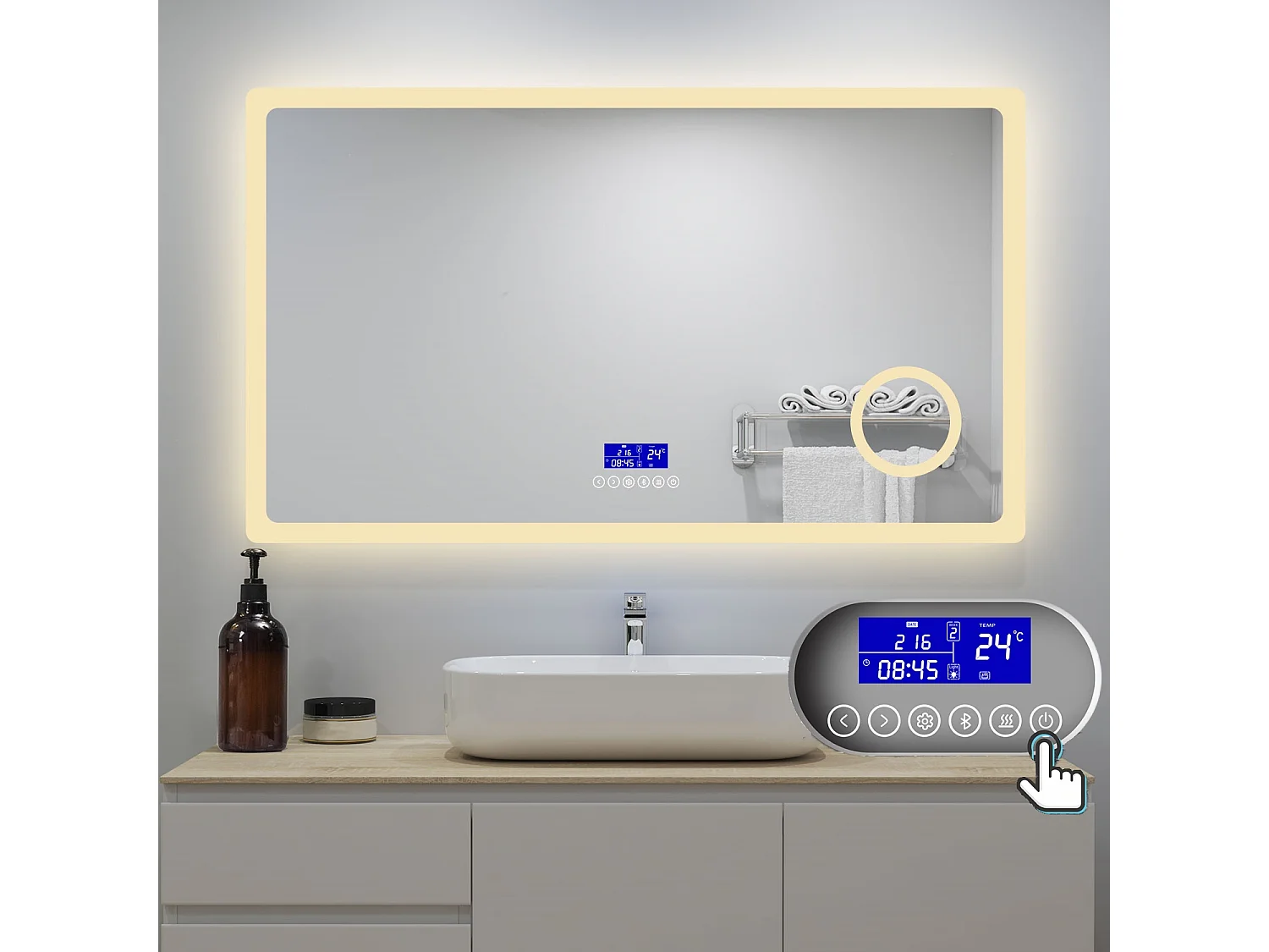 AICA Badspiegel mit LED-Beleuchtung 140x80cm Bluetooth Uhr Kosmetikspiegel Beschlagfrei 3 Lichtfarbe+Dimmbar Memory-Funktion