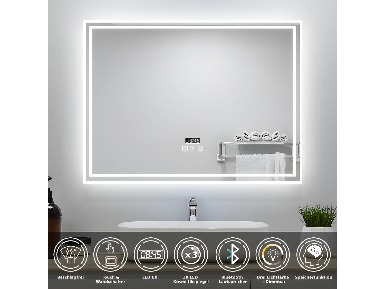 AICA Badezimmerspiegel mit LED-Beleuchtung 100x60cm Bluetooth Uhr 3 Lichtfarbe+Dimmbar Beschlagfrei Memory-Funktion