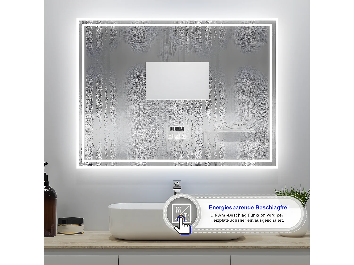 AICA Badezimmerspiegel mit LED-Beleuchtung 100x60cm Bluetooth Uhr 3 Lichtfarbe+Dimmbar Beschlagfrei Memory-Funktion