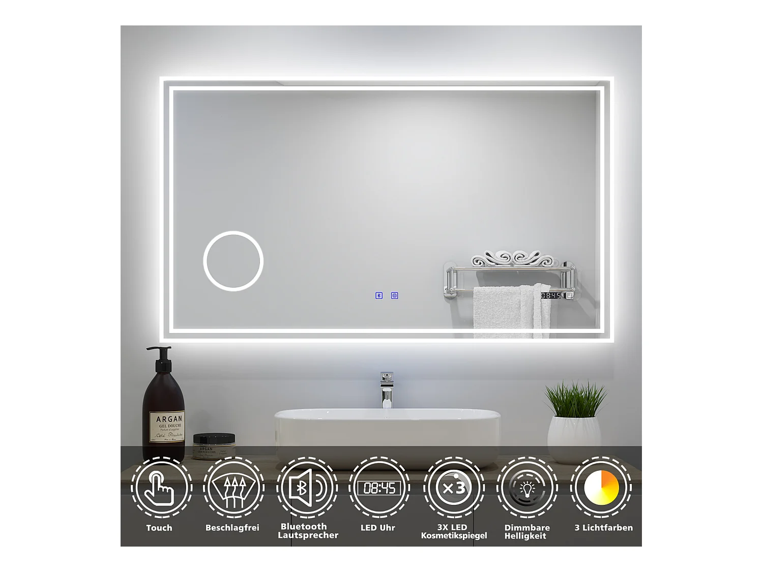 AICA Badezimmerspiegel mit LED-Beleuchtung 120x70cm Bluetooth Uhr Kosmetikspiegel 3 Lichtfarbe+Dimmbar Beschlagfrei Memory-Funktion