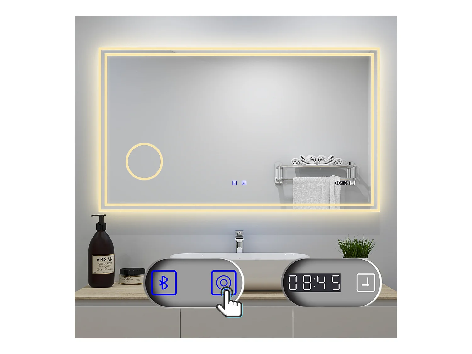 AICA Badezimmerspiegel mit LED-Beleuchtung 120x70cm Bluetooth Uhr Kosmetikspiegel 3 Lichtfarbe+Dimmbar Beschlagfrei Memory-Funktion
