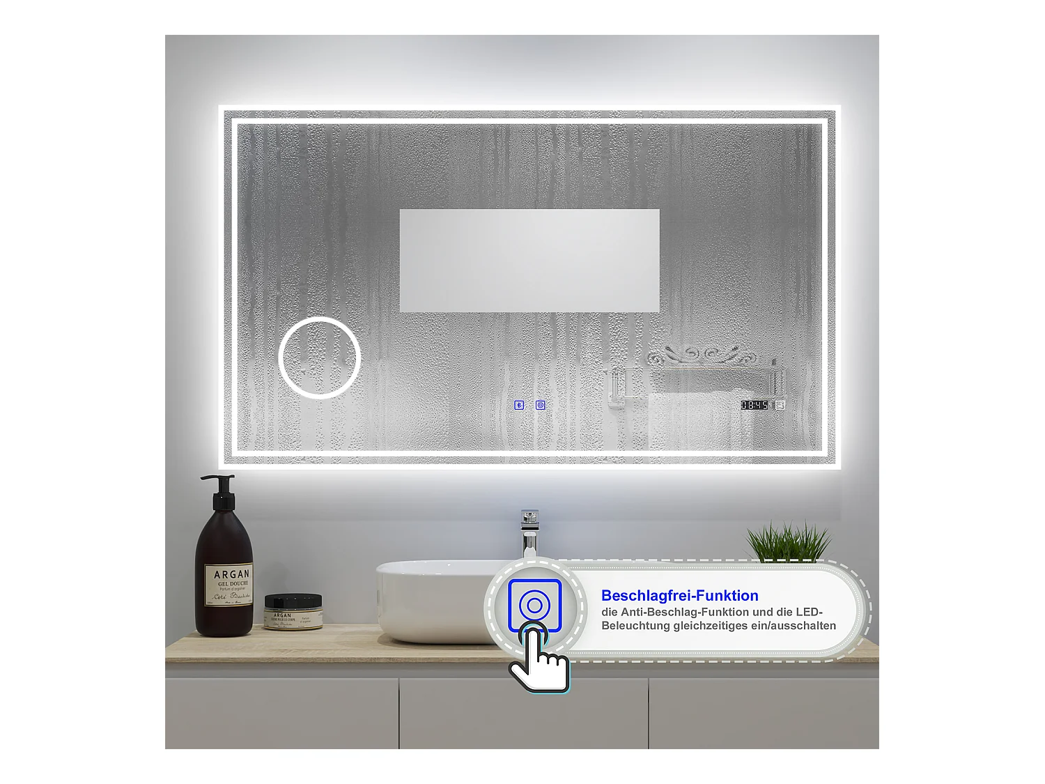 AICA Badezimmerspiegel mit LED-Beleuchtung 120x70cm Bluetooth Uhr Kosmetikspiegel 3 Lichtfarbe+Dimmbar Beschlagfrei Memory-Funktion