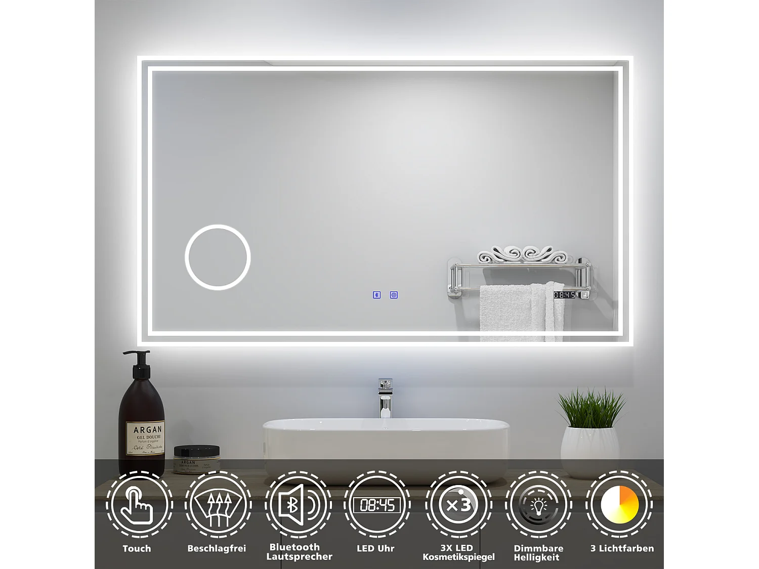 AICA Badezimmerspiegel mit LED-Beleuchtung 120x70cm Bluetooth Uhr Kosmetikspiegel 3 Lichtfarbe+Dimmbar Beschlagfrei Memory-Funktion