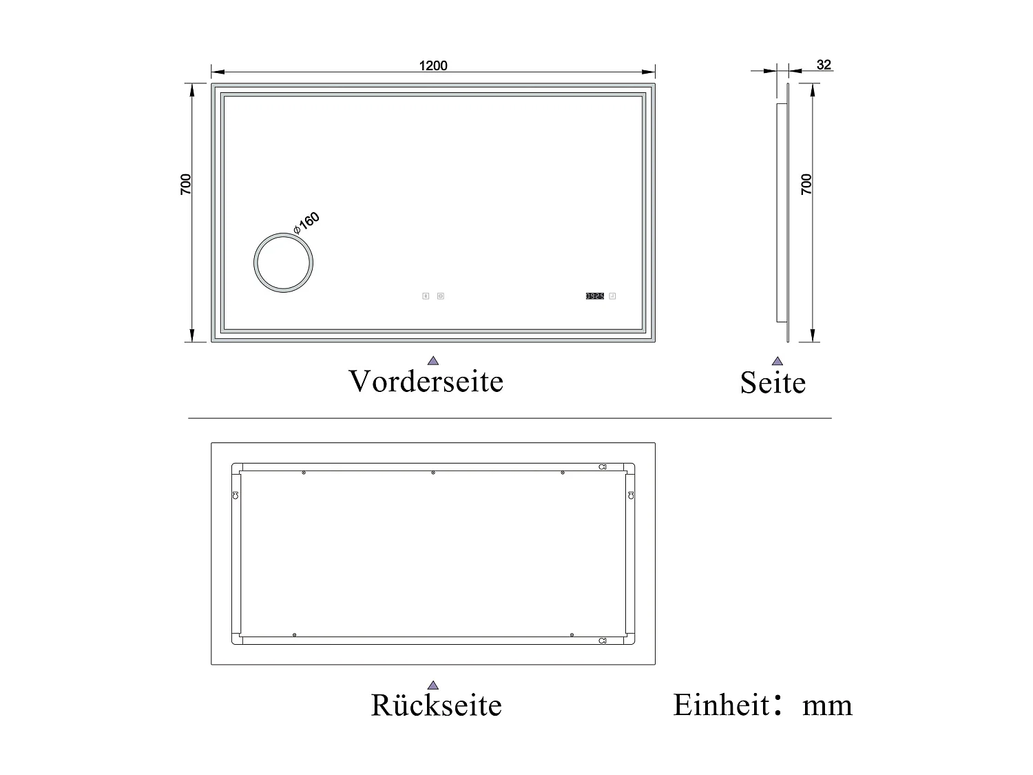 AICA Badezimmerspiegel mit LED-Beleuchtung 120x70cm Bluetooth Uhr Kosmetikspiegel 3 Lichtfarbe+Dimmbar Beschlagfrei Memory-Funktion