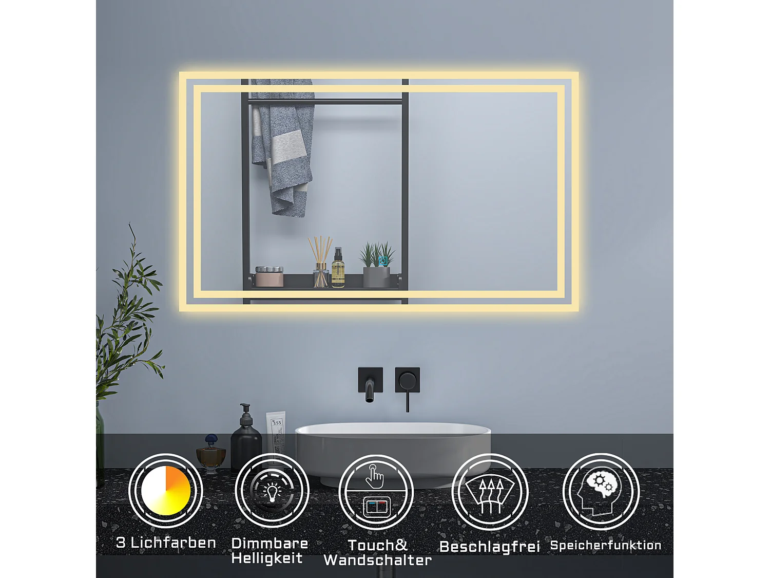 AICA Badspiegel mit LED-Beleuchtung 80x60cm Wand/Touchschalter Beschlagfrei 3 Lichtfarbe+Dimmbar Memory-Funktion - PICHON