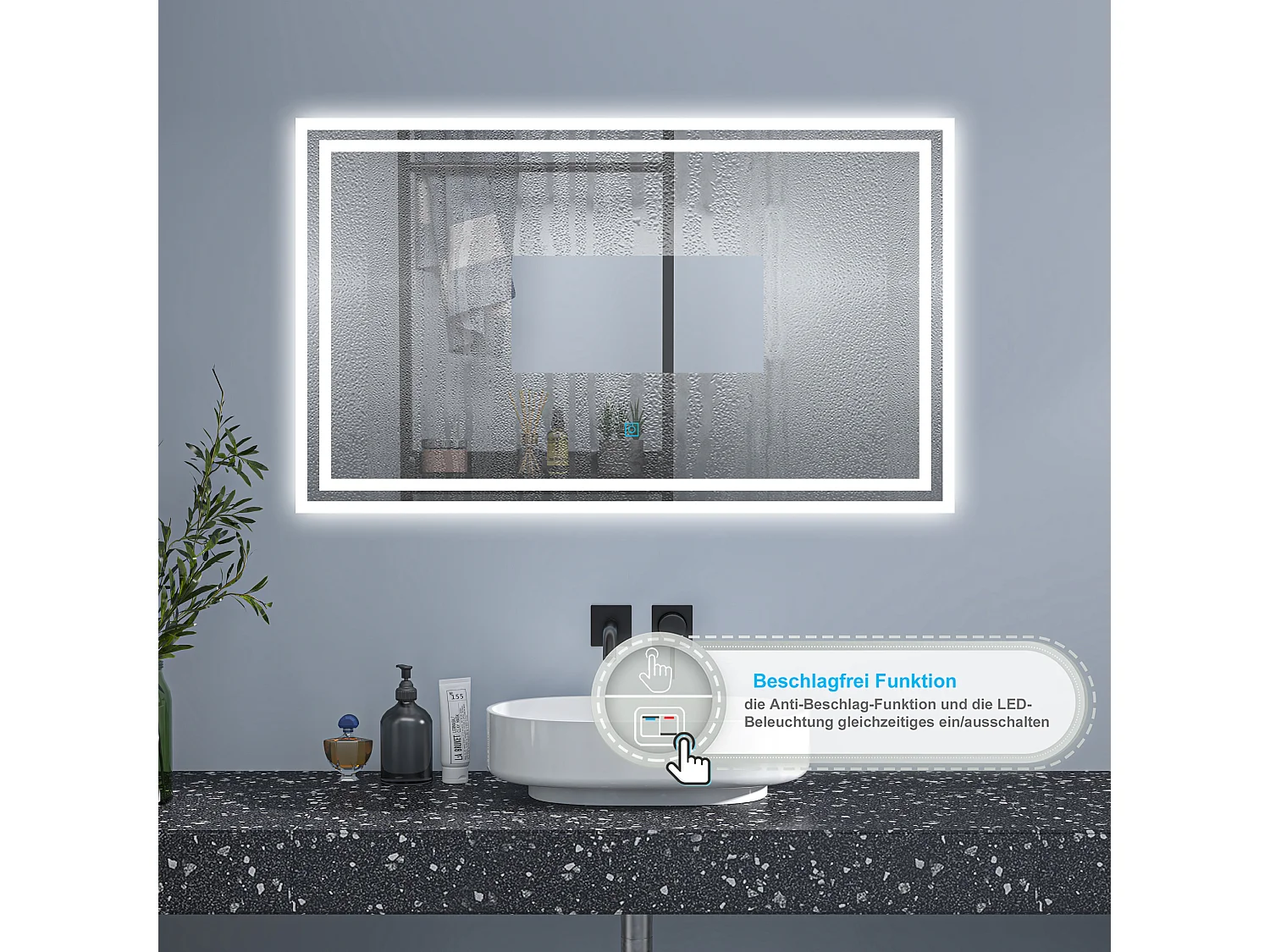 AICA Badspiegel mit LED-Beleuchtung 80x60cm Wand/Touchschalter Beschlagfrei 3 Lichtfarbe+Dimmbar Memory-Funktion - PICHON