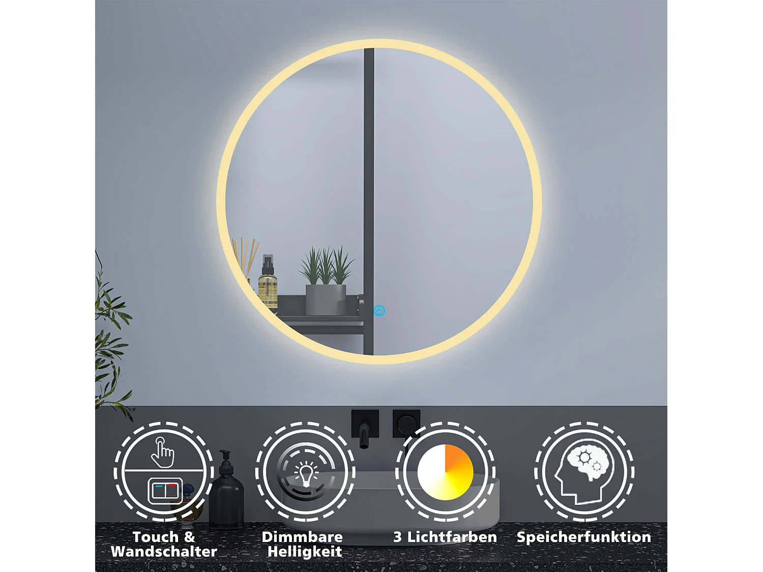 AICA Rund Badspiegel mit LED-Beleuchtung ø40cm 3 Lichtfarbe+Dimmbar Memory-Funktion Wand/Touchschalter