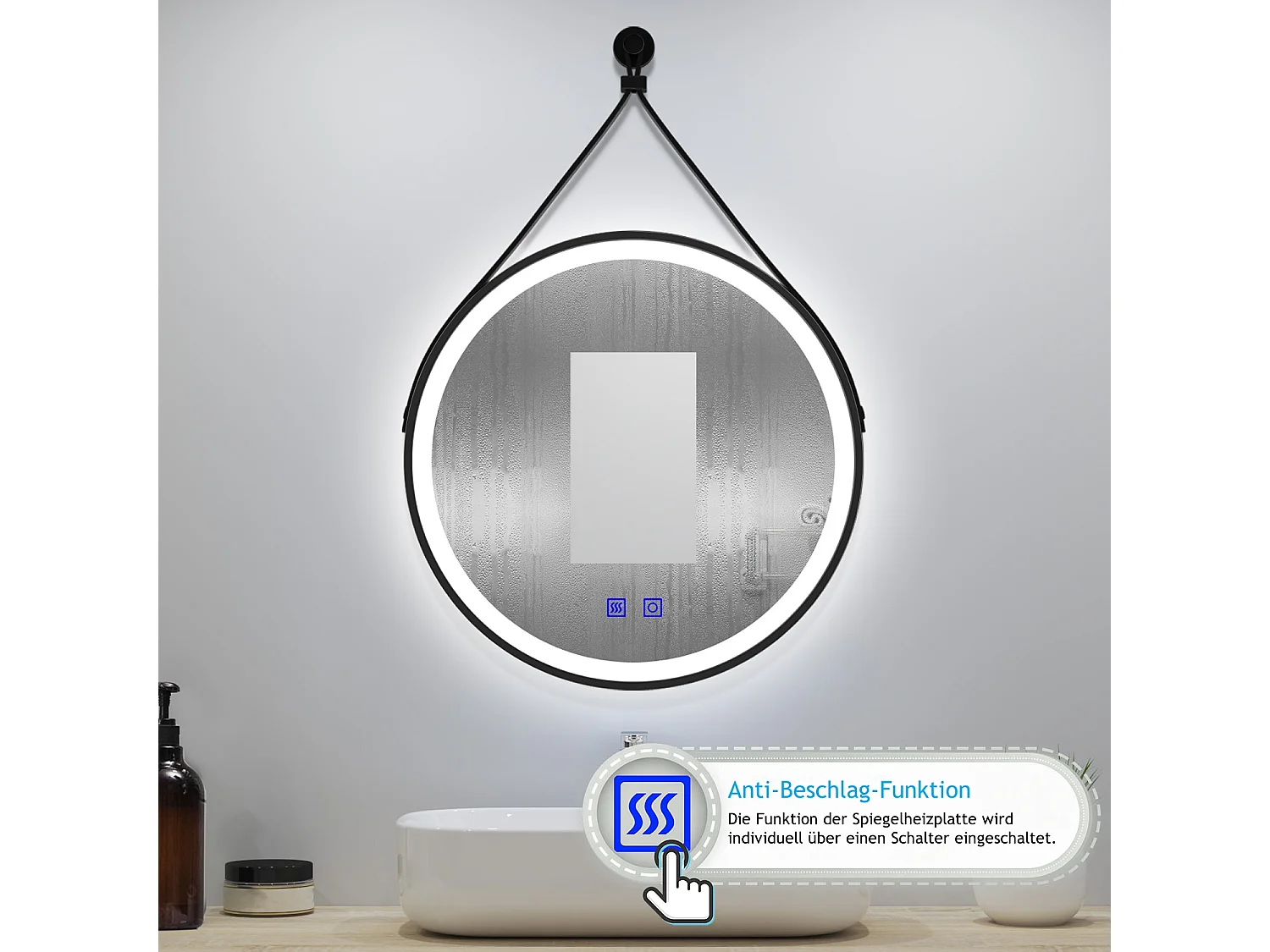 AICA Rund Badspiegel 70cm mit Schwarz Ledergürtel Touch/Wandschalter Beschlagfrei 3 Lichtfarbe+Dimmbar
