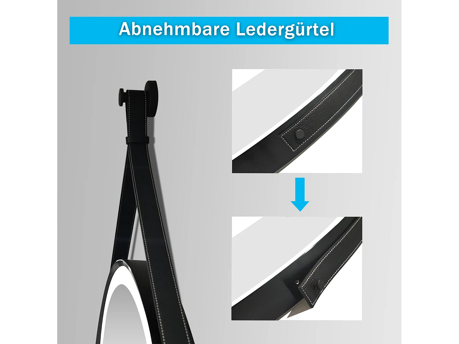 AICA Rund Badspiegel 70cm mit Schwarz Ledergürtel Touch/Wandschalter Beschlagfrei 3 Lichtfarbe+Dimmbar