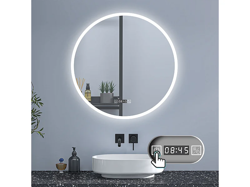 AICA Rund LED Badspiegel ø60cm Uhr 3 Lichtfarbe+Dimmbar Beschlagfrei Memory-Funktion Wand/Touchschalter