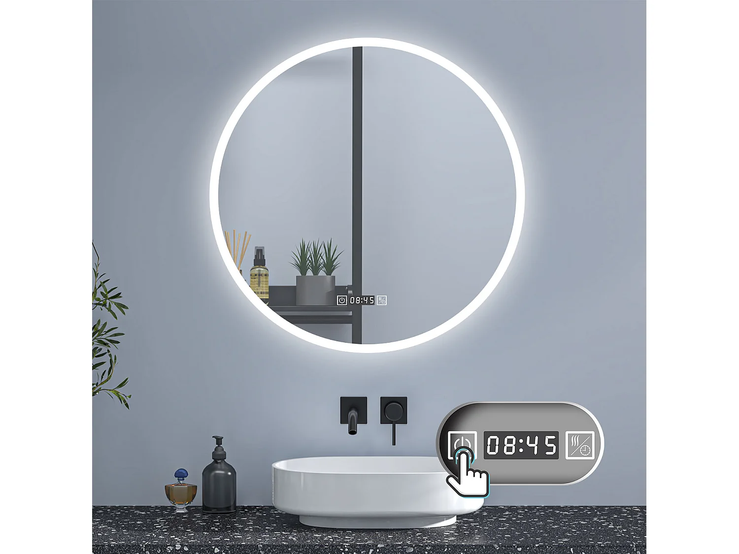 AICA Rund LED Badspiegel ø60cm Uhr 3 Lichtfarbe+Dimmbar Beschlagfrei Memory-Funktion Wand/Touchschalter