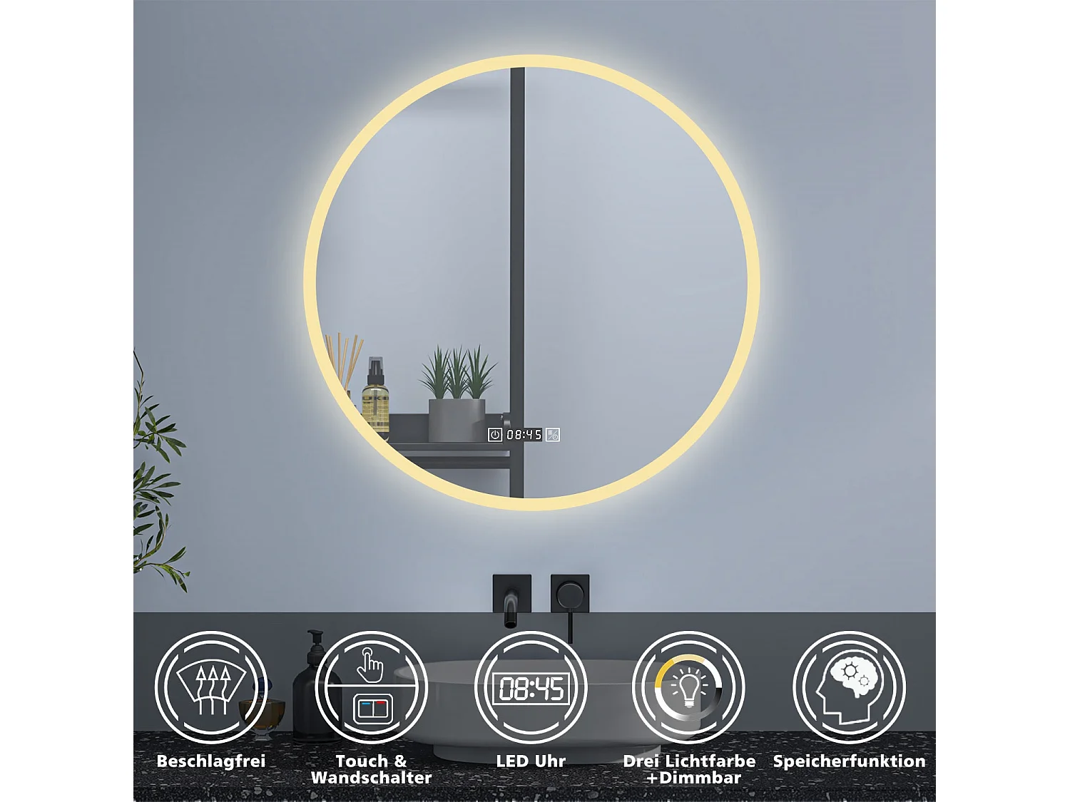 AICA Rund LED Badspiegel ø60cm Uhr 3 Lichtfarbe+Dimmbar Beschlagfrei Memory-Funktion Wand/Touchschalter