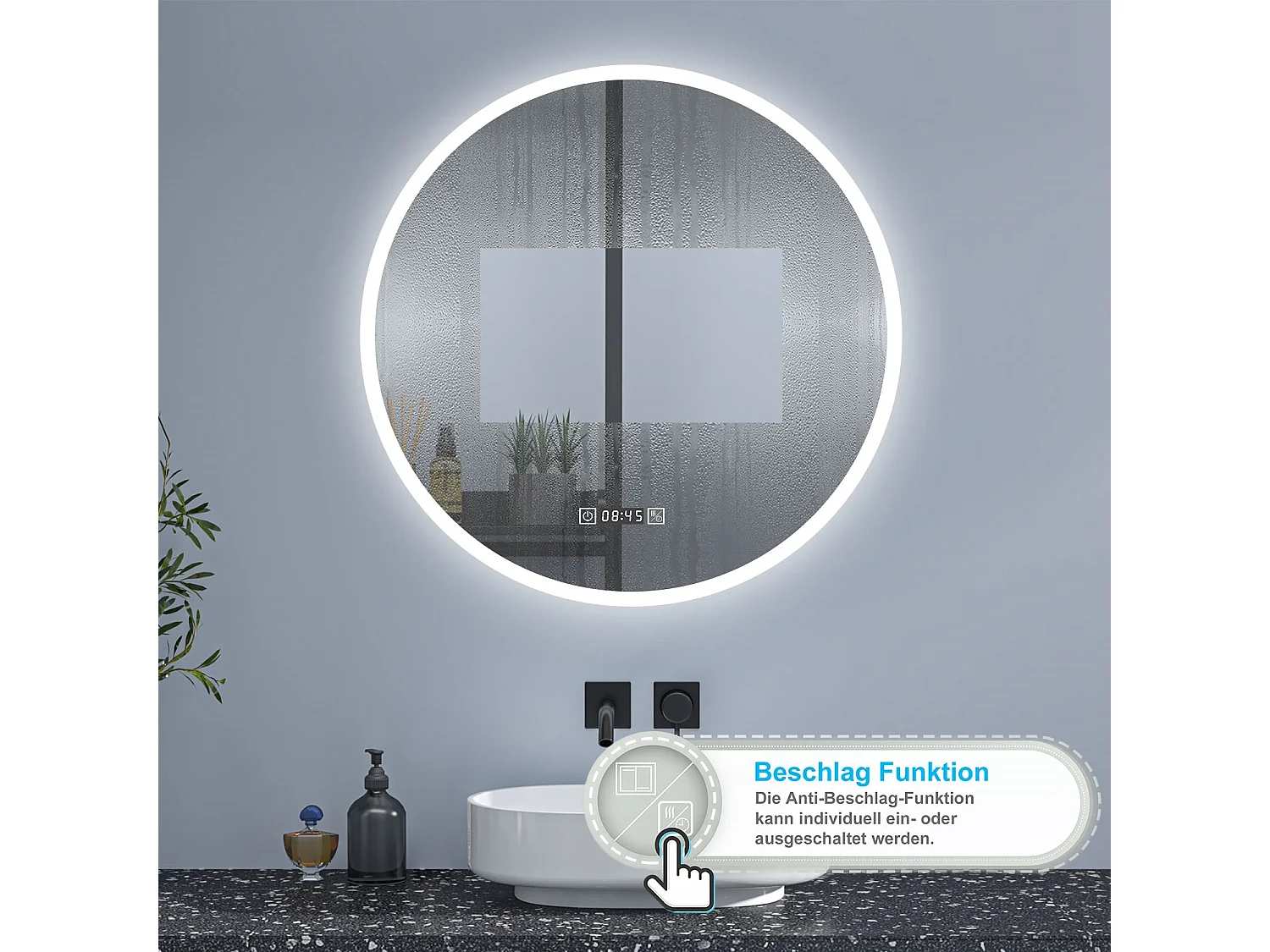 AICA Rund LED Badspiegel ø60cm Uhr 3 Lichtfarbe+Dimmbar Beschlagfrei Memory-Funktion Wand/Touchschalter