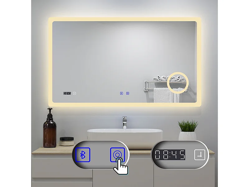 AICA Badspiegel mit LED-Beleuchtung 160x80cm Bluetooth Uhr Kosmetikspiegel 3 Lichtfarbe+Dimmbar Beschlagfrei Memory-Funktion