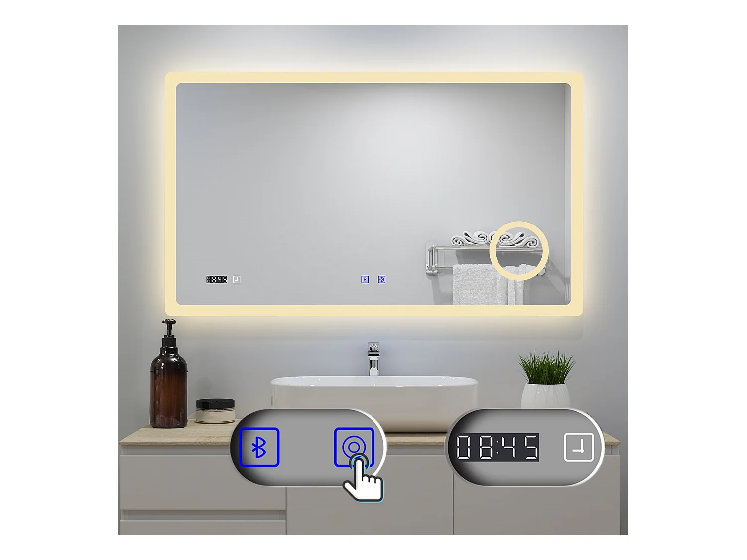 AICA Badspiegel mit LED-Beleuchtung 160x80cm Bluetooth Uhr Kosmetikspiegel 3 Lichtfarbe+Dimmbar Beschlagfrei Memory-Funktion