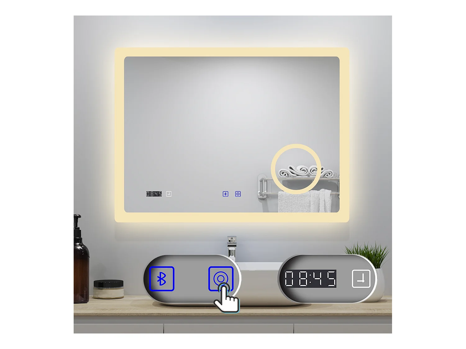AICA Badspiegel mit LED-Beleuchtung 100x60cm Bluetooth Uhr Kosmetikspiegel 3 Lichtfarbe+Dimmbar Beschlagfrei Memory-Funktion