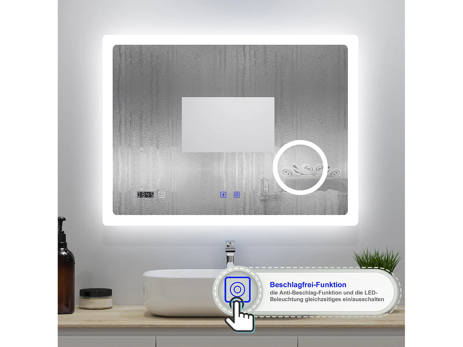 AICA Badspiegel mit LED-Beleuchtung 100x60cm Bluetooth Uhr Kosmetikspiegel 3 Lichtfarbe+Dimmbar Beschlagfrei Memory-Funktion