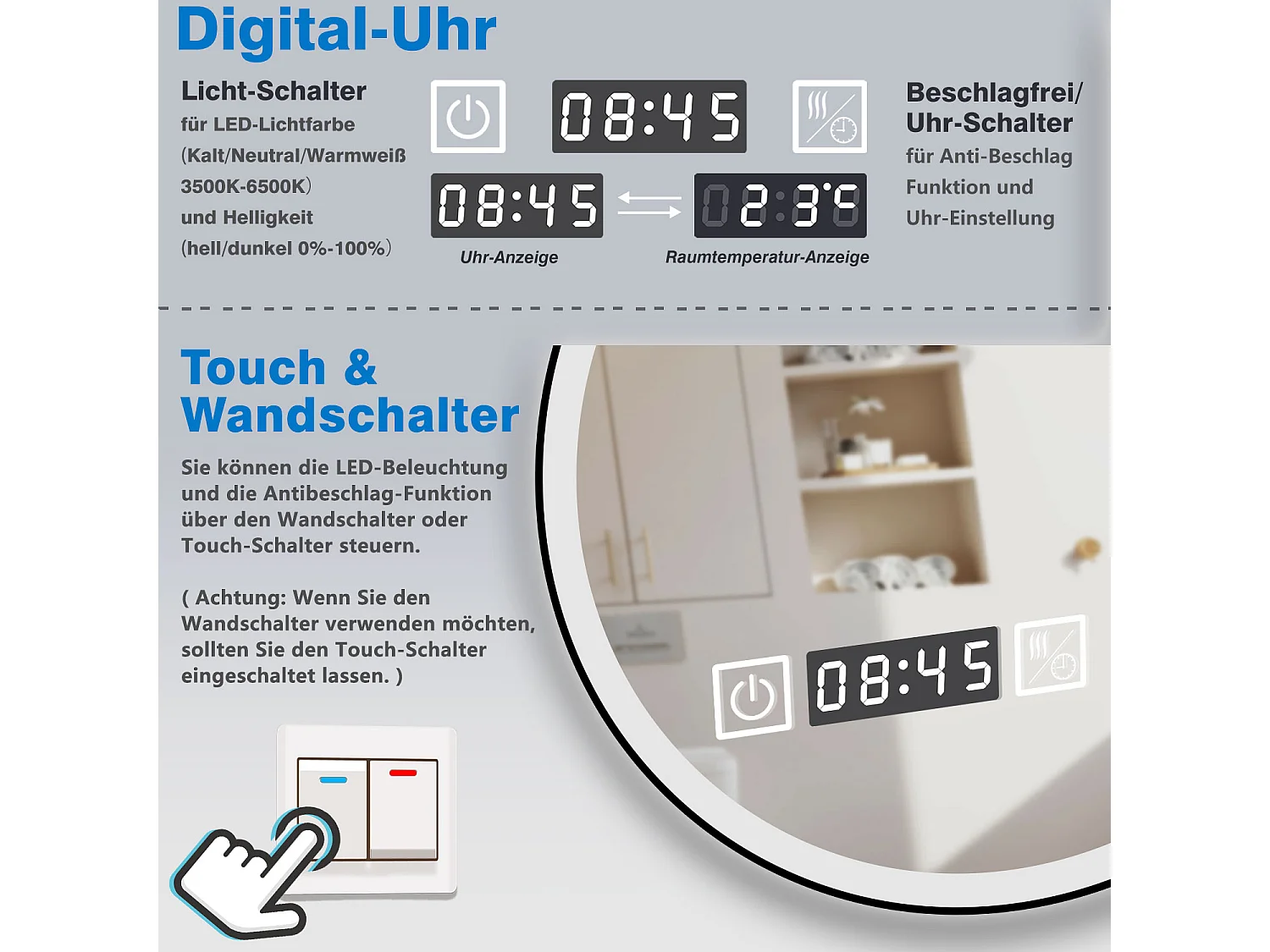 AICA LED Badspiegel Rund 60cm Beschlagfrei Uhr 3 Lichtfarbe+Dimmbar Memory-Funktion Schwarz Rahmen Wand/Touchschalter