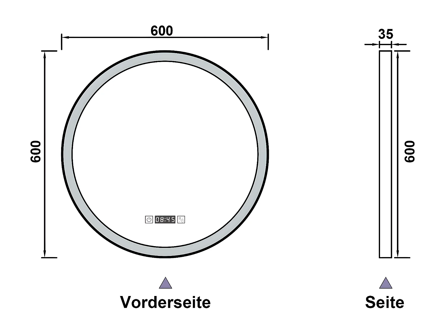 AICA LED Badspiegel Rund 60cm Beschlagfrei Uhr 3 Lichtfarbe+Dimmbar Memory-Funktion Schwarz Rahmen Wand/Touchschalter