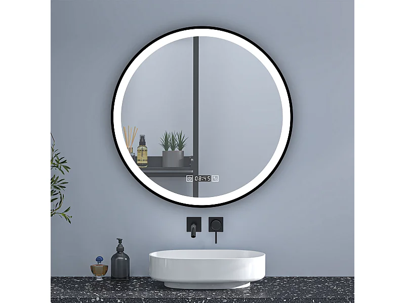 AICA LED Badspiegel Rund 80cm Beschlagfrei Uhr 3 Lichtfarbe+Dimmbar Memory-Funktion Schwarz Rahmen Wand/Touchschalter