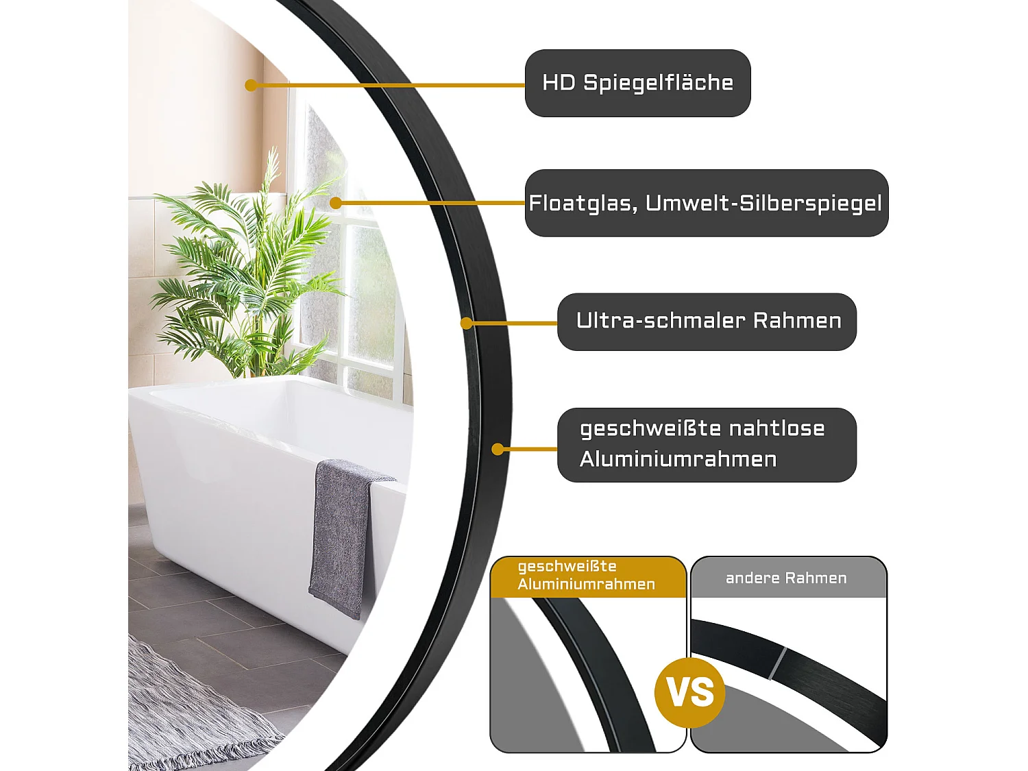 AICA LED Badspiegel Rund 80cm Beschlagfrei Uhr 3 Lichtfarbe+Dimmbar Memory-Funktion Schwarz Rahmen Wand/Touchschalter