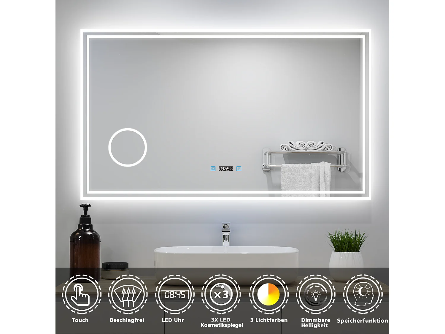 AICA Badezimmerspiegel mit LED-Beleuchtung 120x70cm Uhr Kosmetikspiegel 3 Lichtfarbe+Dimmbar Beschlagfrei Memory-Funktion