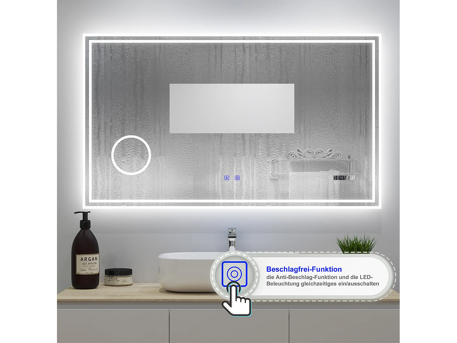 AICA Badezimmerspiegel mit LED-Beleuchtung 140x80cm Bluetooth Uhr Kosmetikspiegel 3 Lichtfarbe+Dimmbar Beschlagfrei Memory-Funktion