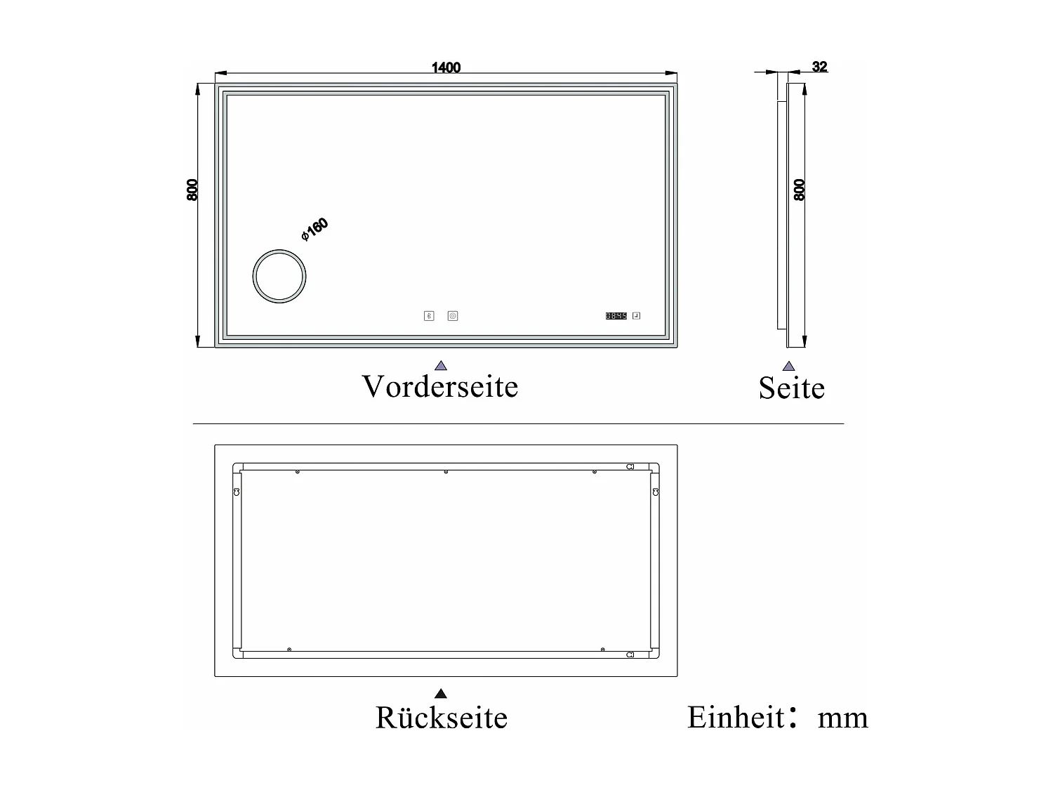 AICA Badezimmerspiegel mit LED-Beleuchtung 140x80cm Bluetooth Uhr Kosmetikspiegel 3 Lichtfarbe+Dimmbar Beschlagfrei Memory-Funktion