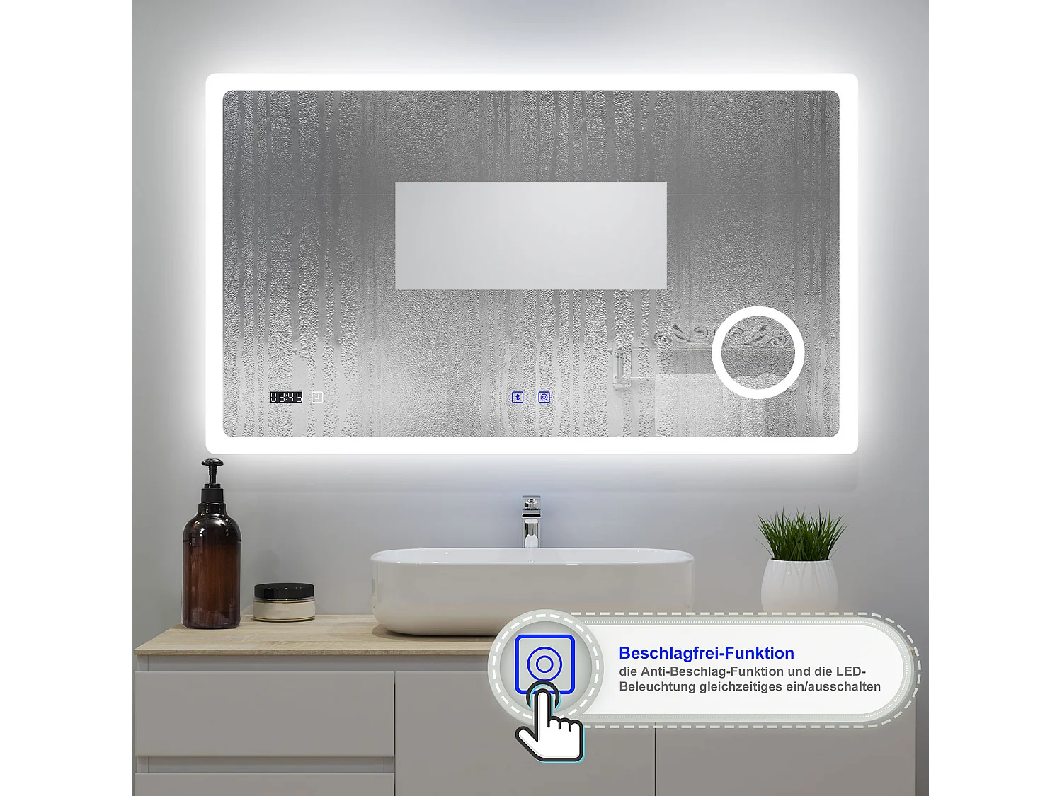 AICA Badspiegel mit LED-Beleuchtung 140x80cm Bluetooth Uhr Kosmetikspiegel 3 Lichtfarbe+Dimmbar Beschlagfrei Memory-Funktion