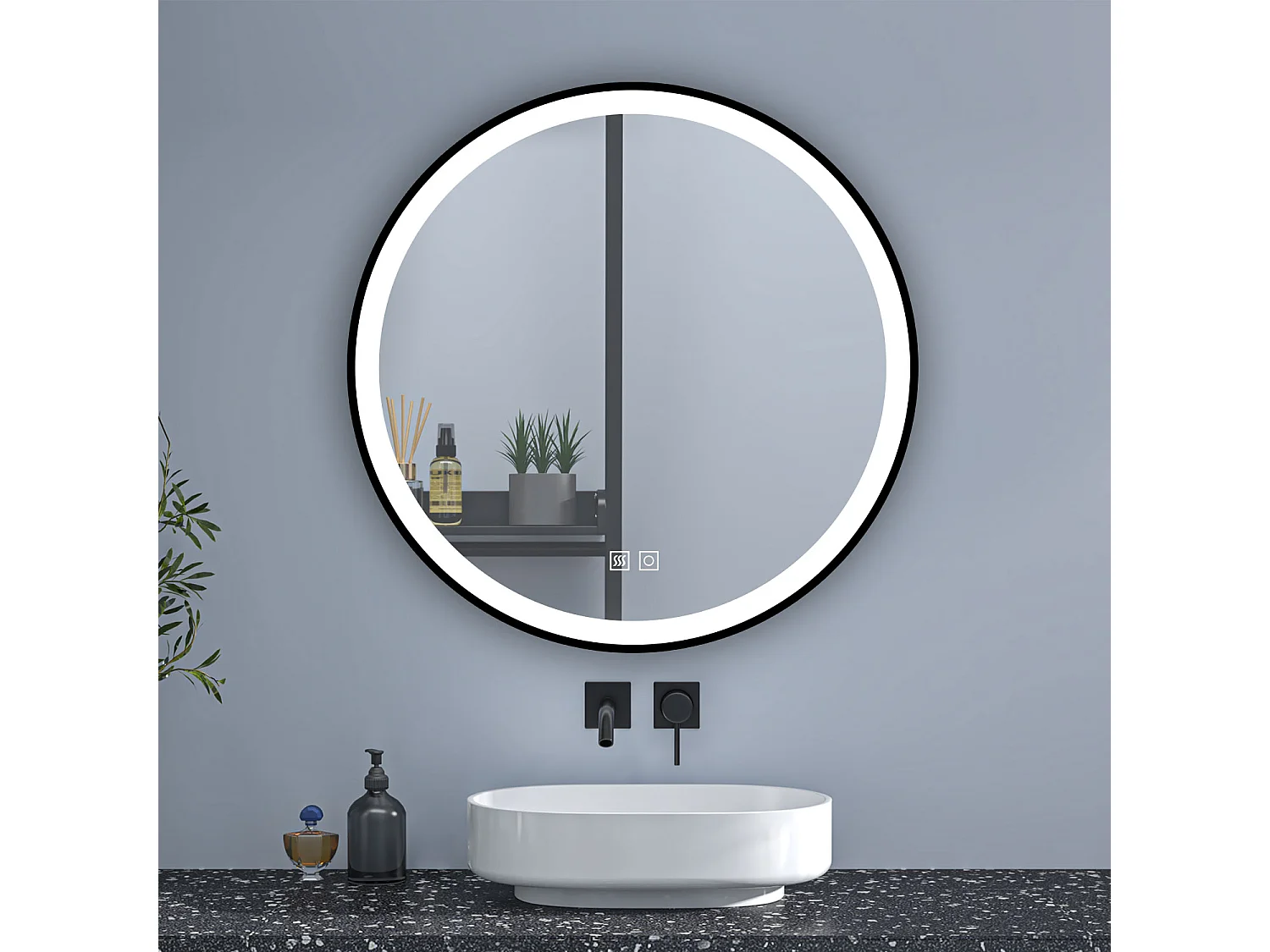 AICA Rund LED Badspiegel 80cm Beschlagfrei 3 Lichtfarbe+Dimmbar Memory-Funktion Schwarz Rahmen Wand/Touchschalter