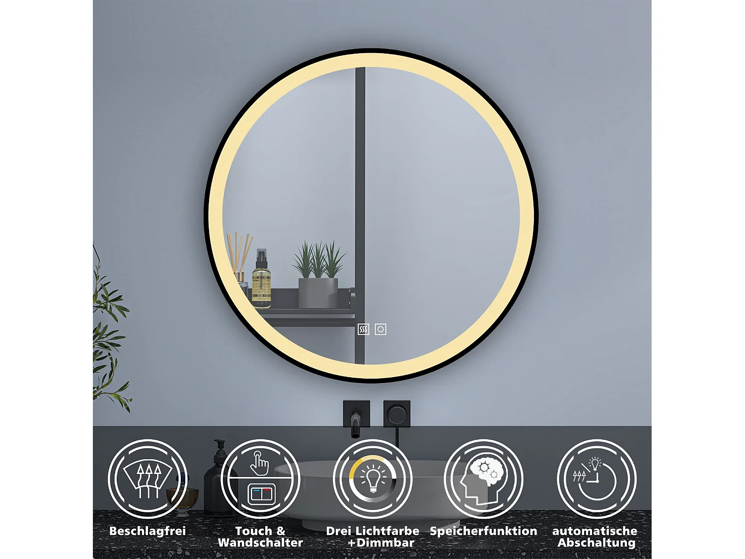 AICA Rund LED Badspiegel 80cm Beschlagfrei 3 Lichtfarbe+Dimmbar Memory-Funktion Schwarz Rahmen Wand/Touchschalter