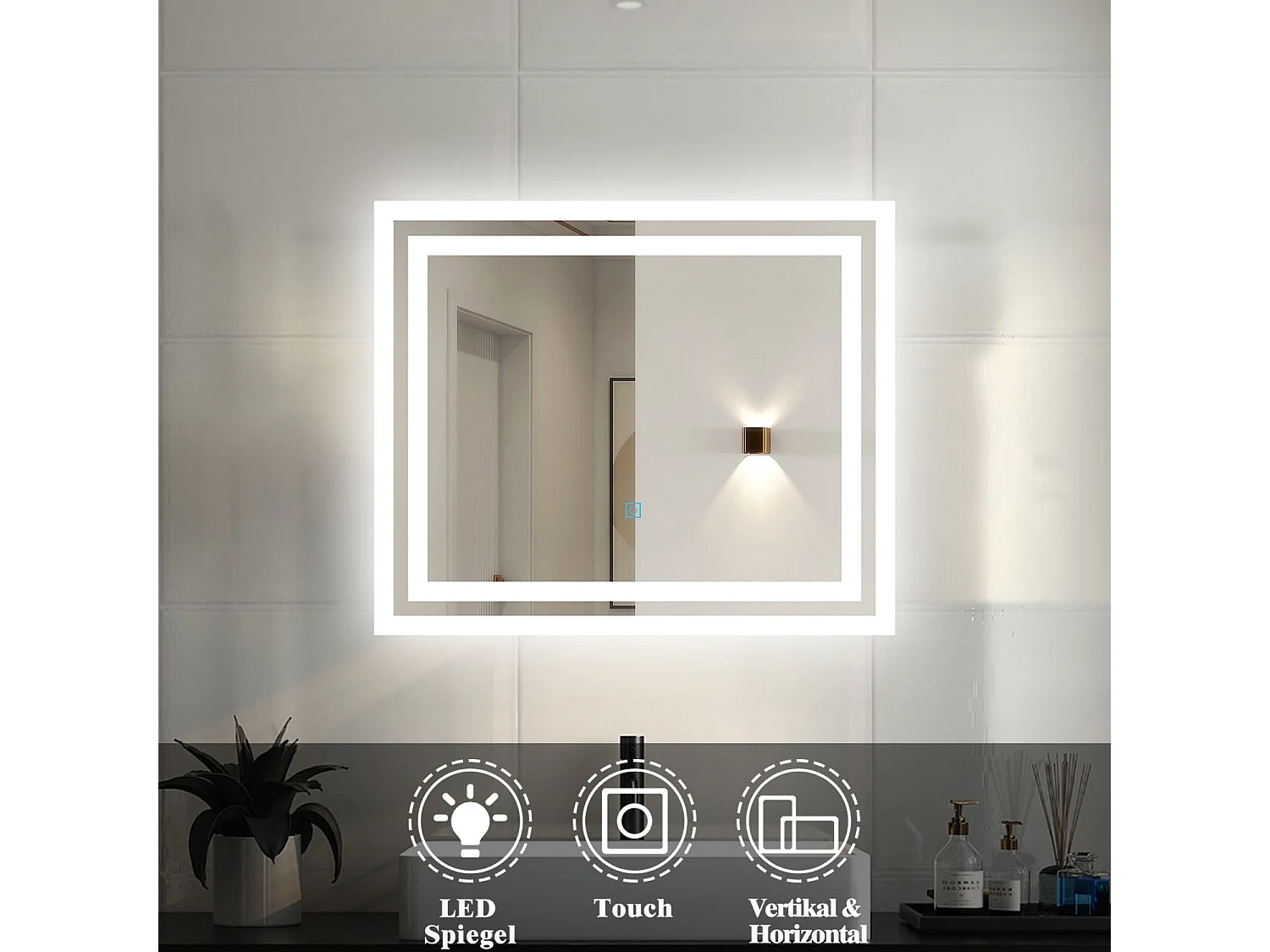 AICA Badspiegel mit LED-Beleuchtung 60x50cm Kaltweiß Touchschalter - PICHON