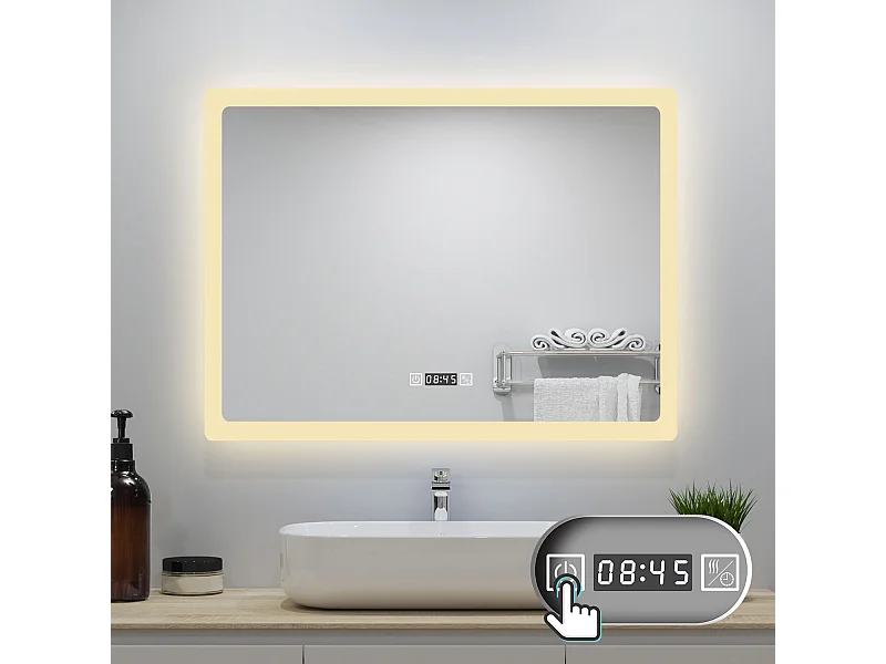 AICA LED Badspiegel 70x50cm Wand/Touchschalter - Uhr - Beschlagfrei - 3 Lichtfarbe - Dimmbar - Memory-Funktion