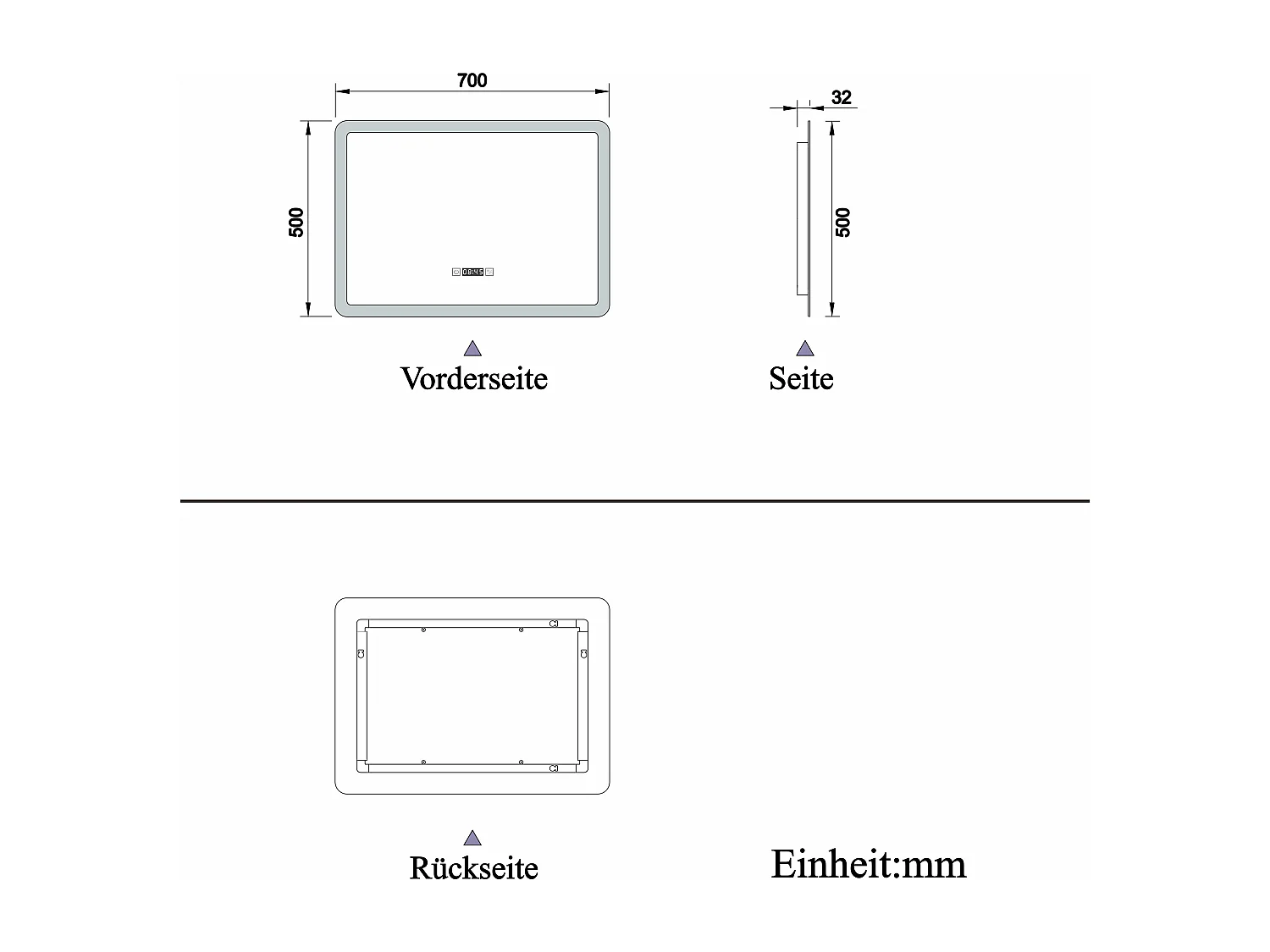 AICA LED Badspiegel 70x50cm Wand/Touchschalter - Uhr - Beschlagfrei - 3 Lichtfarbe - Dimmbar - Memory-Funktion
