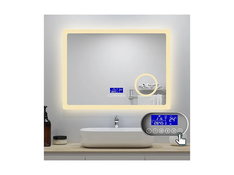 AICA Badspiegel mit LED-Beleuchtung 80x60cm Bluetooth Uhr Kosmetikspiegel Beschlagfrei 3 Lichtfarbe+Dimmbar Memory-Funktion