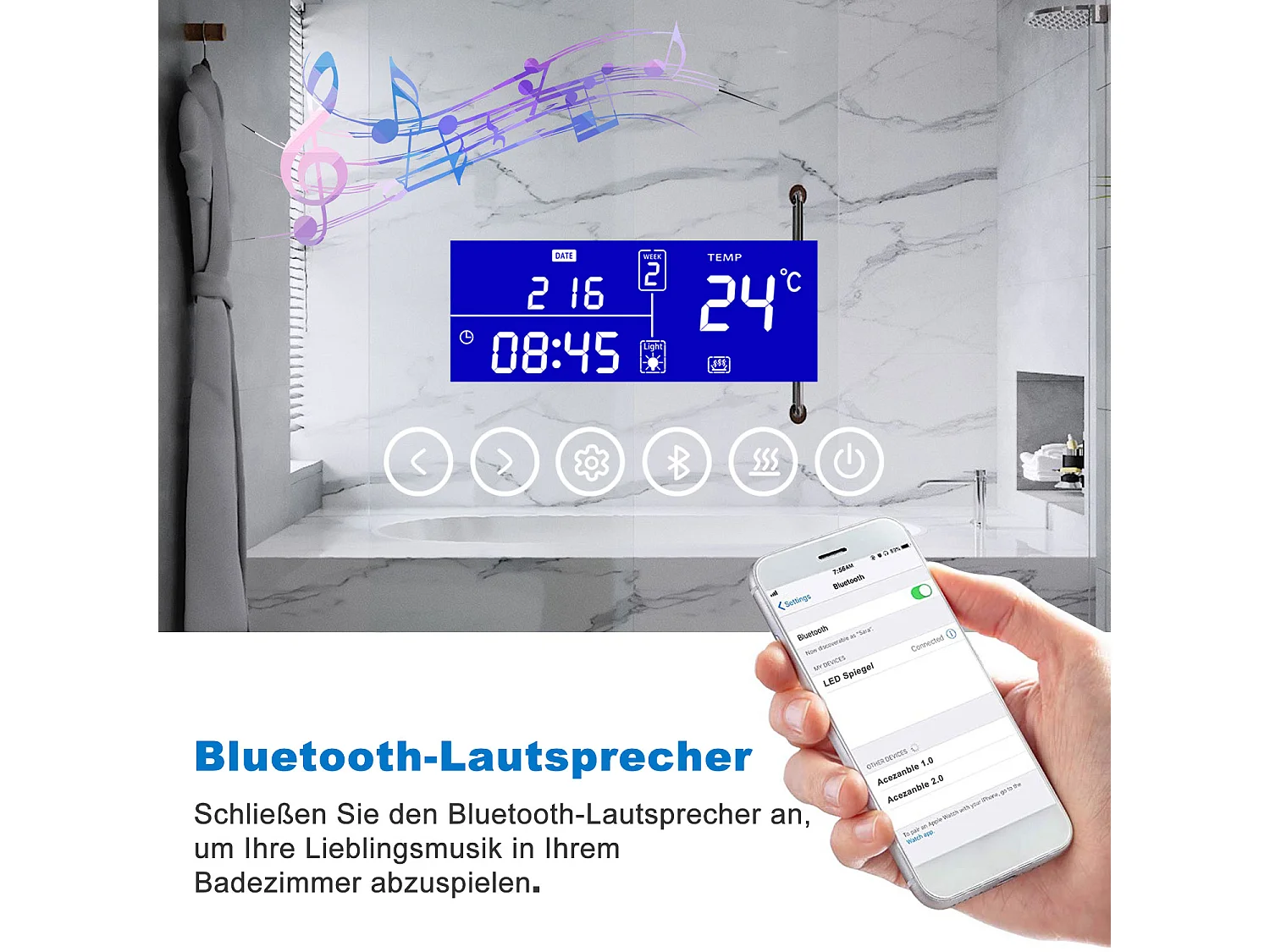 AICA Badspiegel mit LED-Beleuchtung 80x60cm Bluetooth Uhr Kosmetikspiegel Beschlagfrei 3 Lichtfarbe+Dimmbar Memory-Funktion
