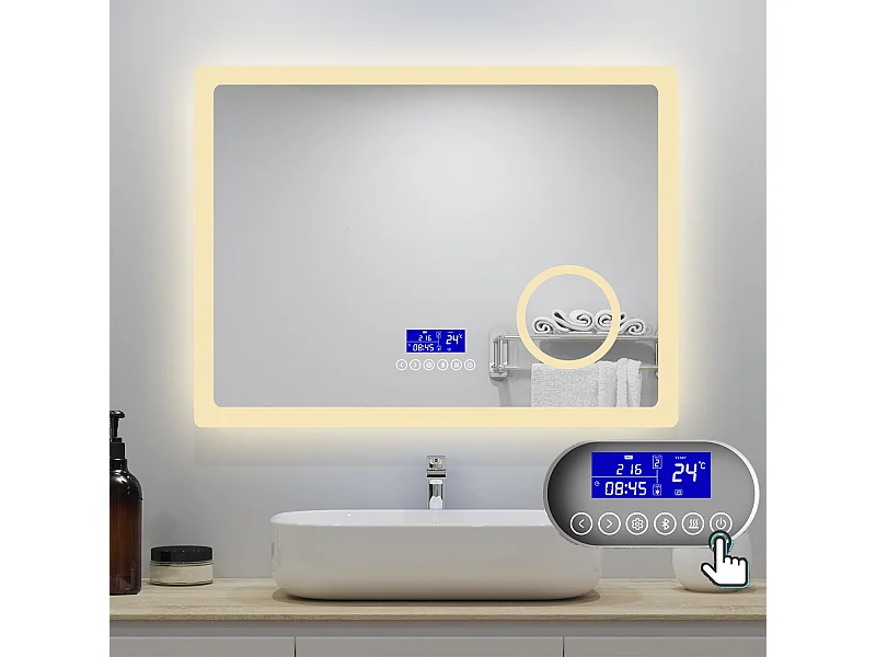 AICA Badspiegel mit LED-Beleuchtung 80x60cm Bluetooth Uhr Kosmetikspiegel Beschlagfrei 3 Lichtfarbe+Dimmbar Memory-Funktion