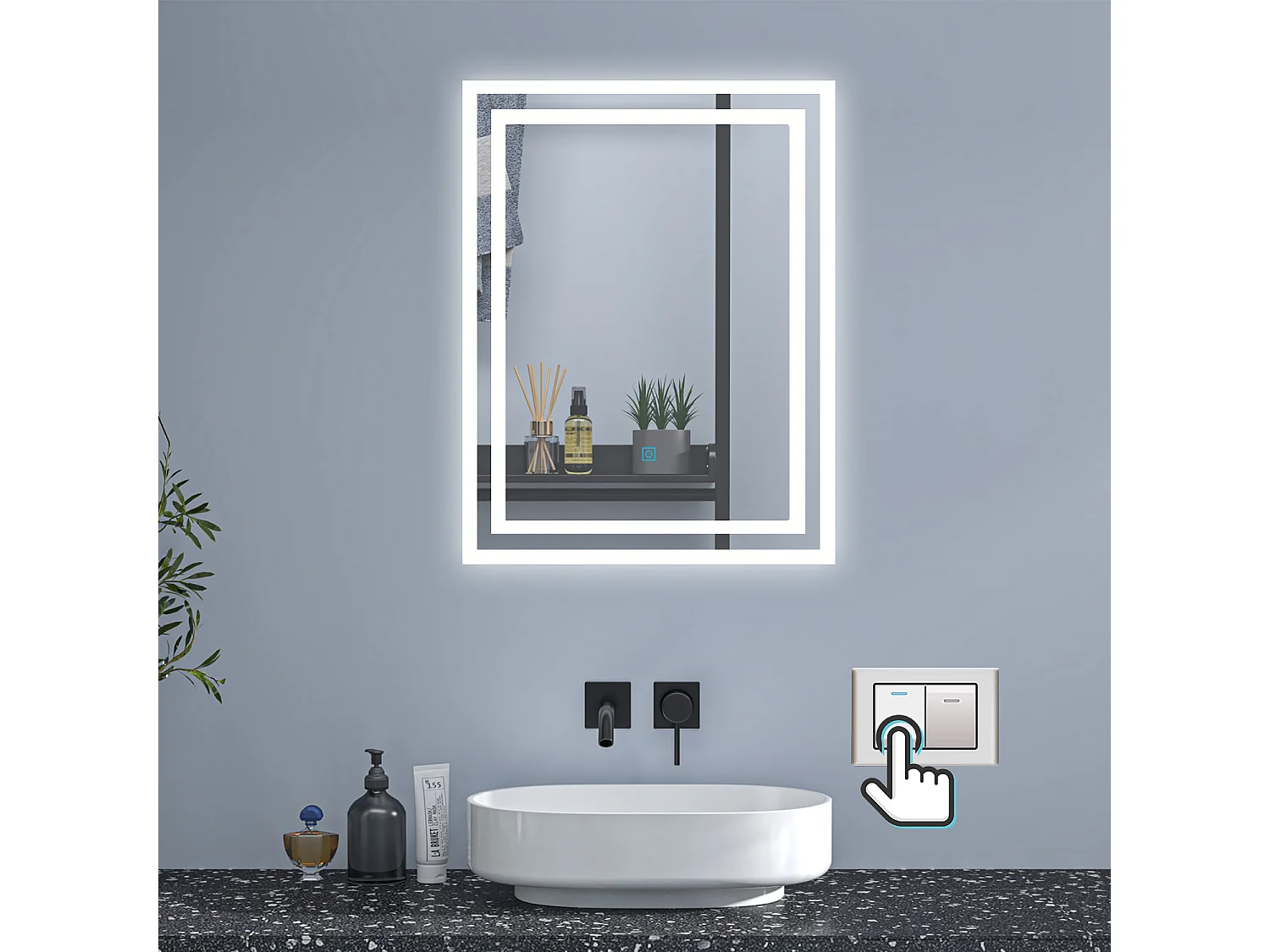 AICA Badspiegel mit LED-Beleuchtung 50x70cm Wand/Touchschalter Beschlagfrei 3 Lichtfarbe+Dimmbar Memory-Funktion - PICHON