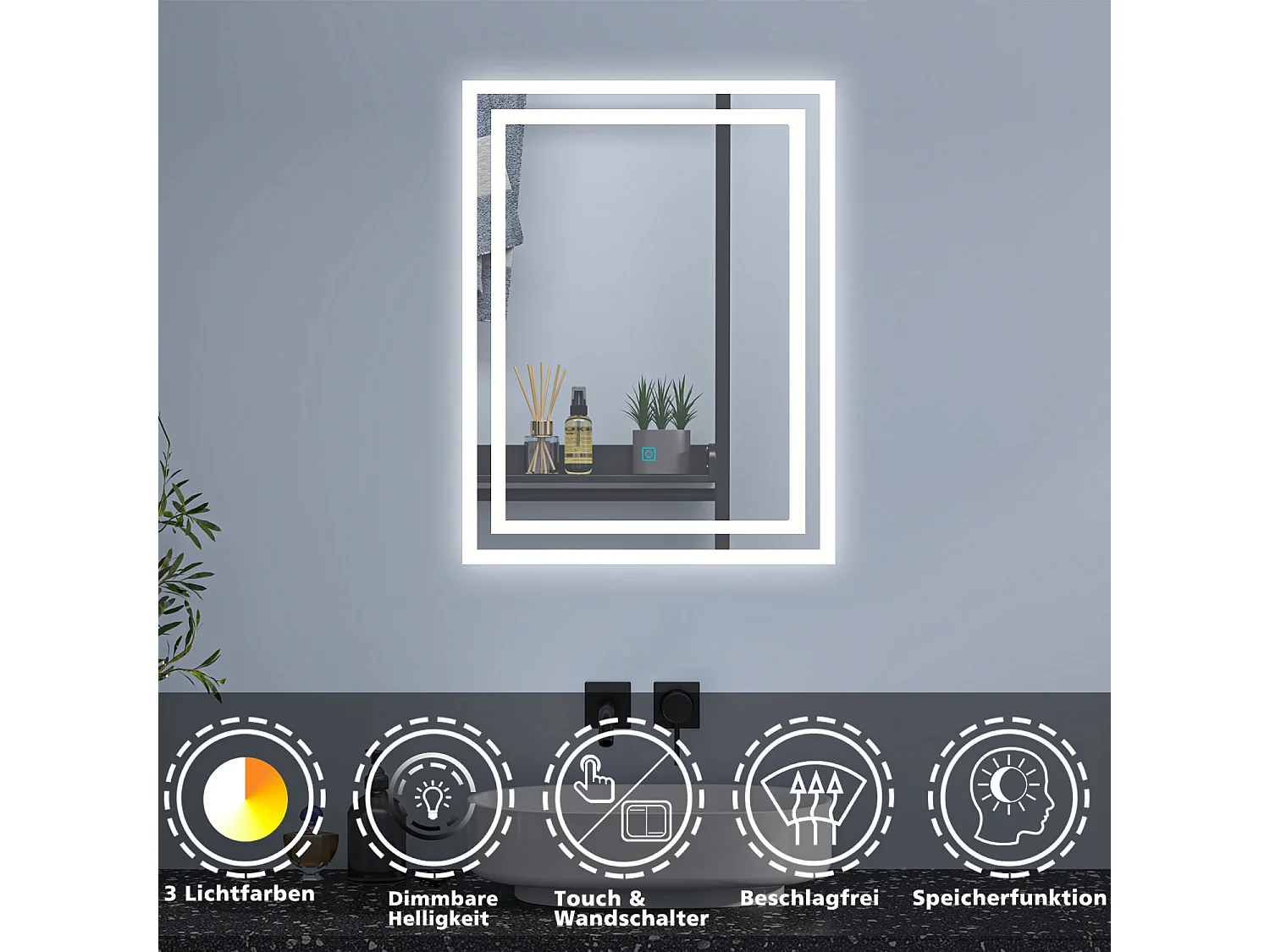 AICA Badspiegel mit LED-Beleuchtung 50x70cm Wand/Touchschalter Beschlagfrei 3 Lichtfarbe+Dimmbar Memory-Funktion - PICHON