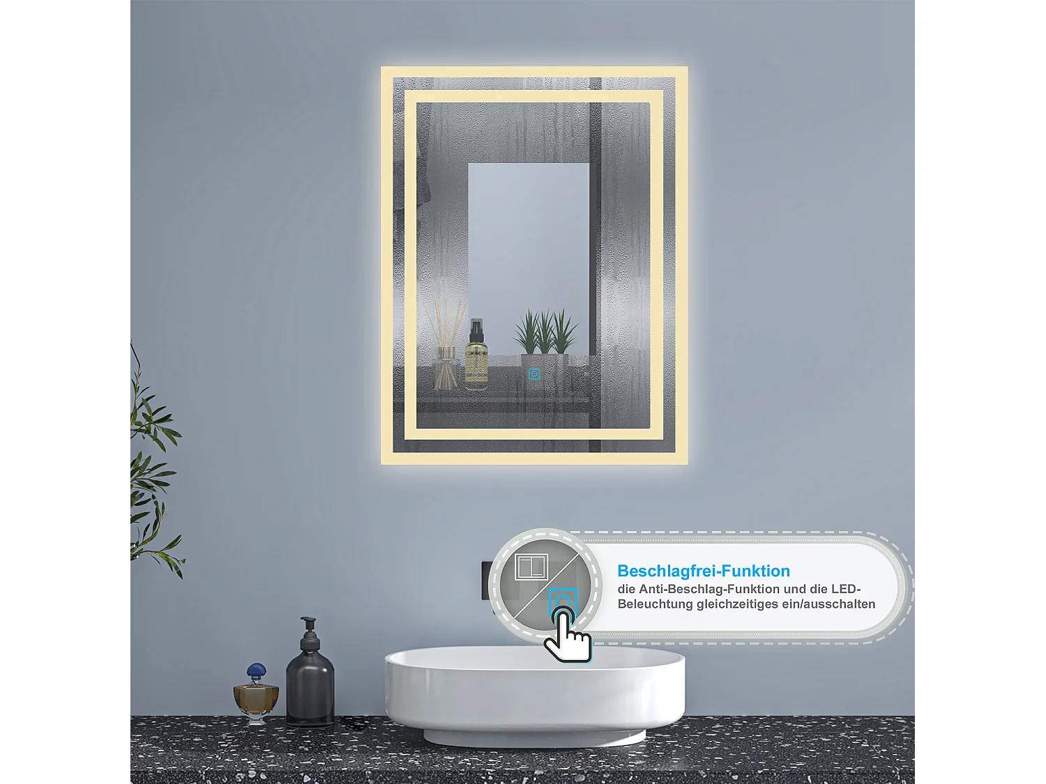 AICA Badspiegel mit LED-Beleuchtung 50x70cm Wand/Touchschalter Beschlagfrei 3 Lichtfarbe+Dimmbar Memory-Funktion - PICHON