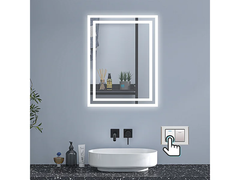 AICA Badspiegel mit LED-Beleuchtung 50x70cm Wand/Touchschalter Beschlagfrei 3 Lichtfarbe+Dimmbar Memory-Funktion - PICHON