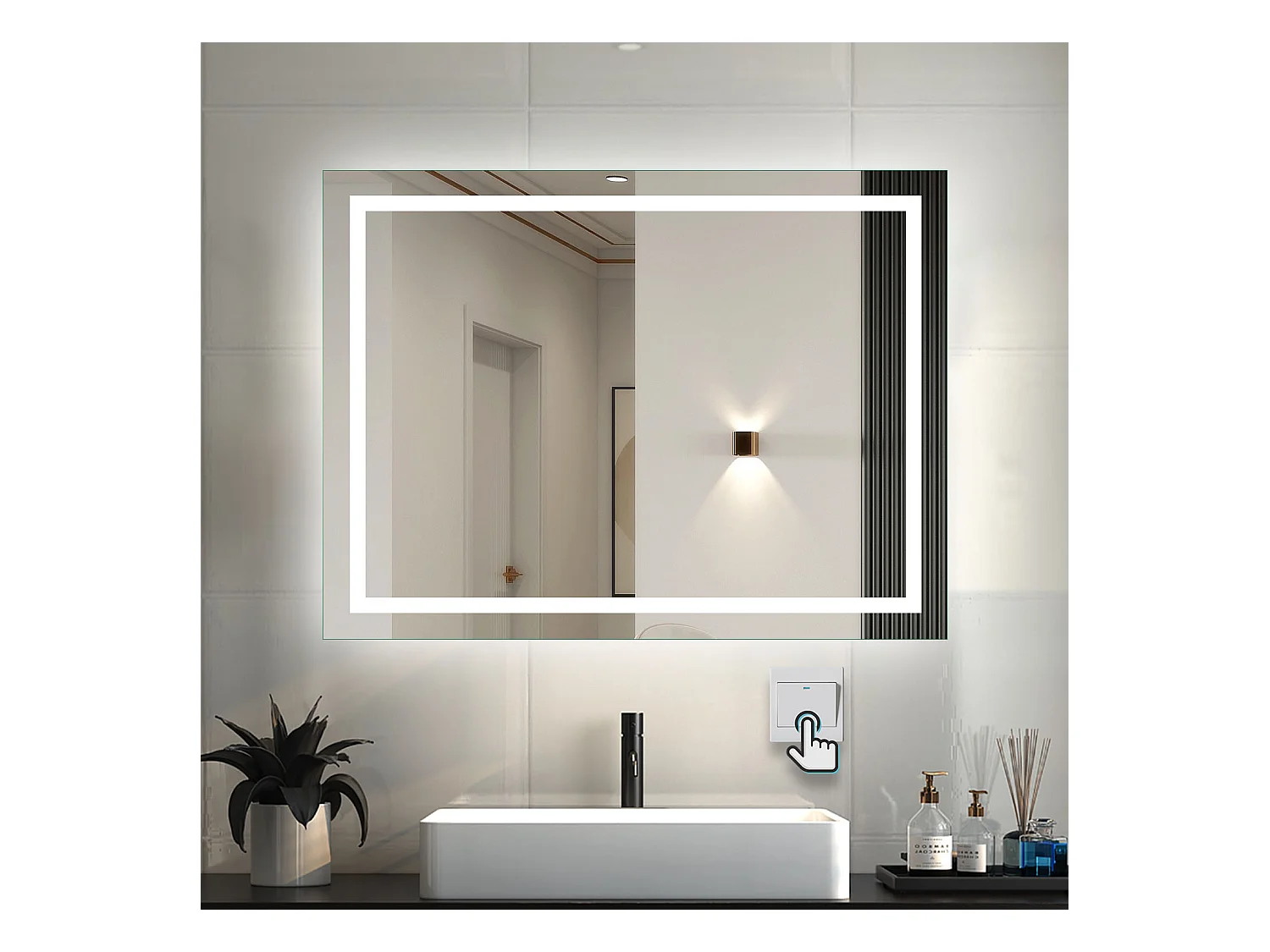 AICA Badspiegel mit LED-Beleuchtung 160x80cm Wandschalter Beschlagfrei Kaltweiß - PALMAR