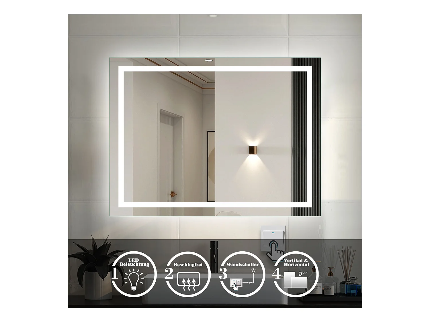 AICA Badspiegel mit LED-Beleuchtung 160x80cm Wandschalter Beschlagfrei Kaltweiß - PALMAR