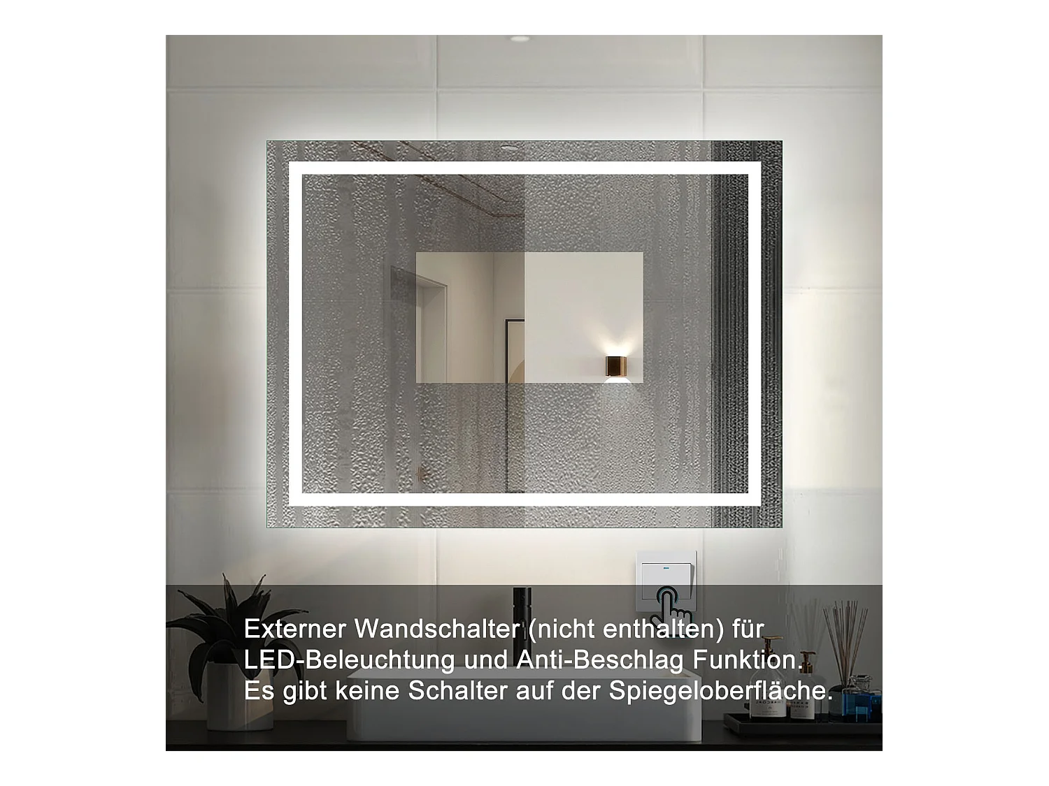 AICA Badspiegel mit LED-Beleuchtung 160x80cm Wandschalter Beschlagfrei Kaltweiß - PALMAR