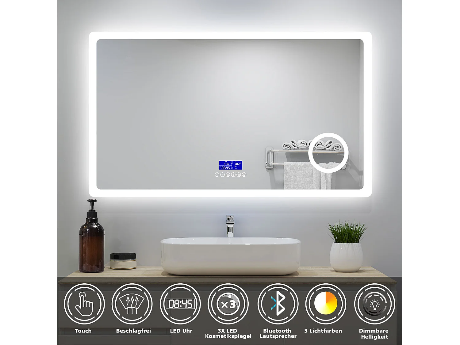 AICA Badspiegel mit LED-Beleuchtung 120x70cm Bluetooth Uhr Kosmetikspiegel Beschlagfrei 3 Lichtfarbe+Dimmbar Memory-Funktion