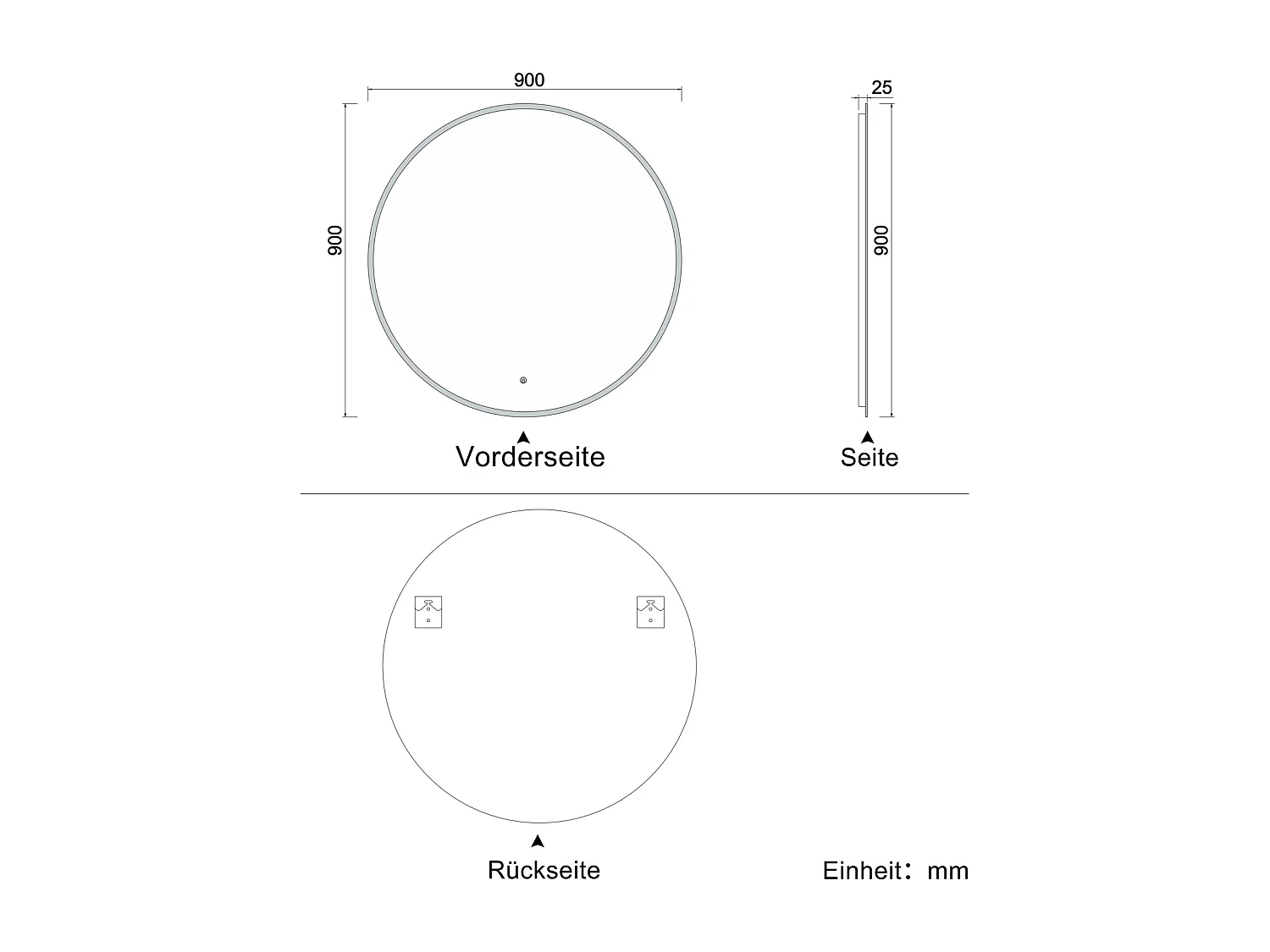AICA Rund Badspiegel mit LED-Beleuchtung ø90cm Touchschalter Beschlagfrei Kaltweiß
