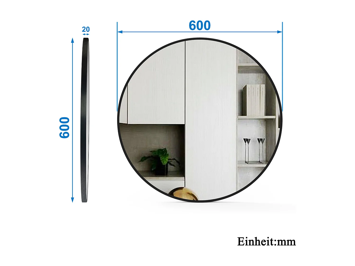 AICA Rund Spiegel 60cm Schwarz Rahmen Wandspiegel für Badezimmer - D3 Serie